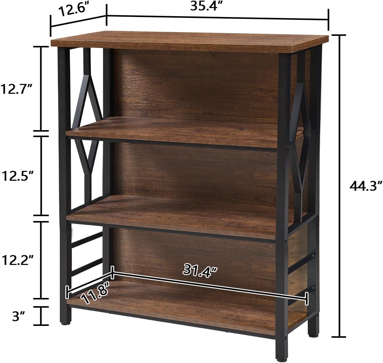 HOMISSUE Bookshelf, 4-Tier Rustic Short Bookshelf, Industrial Shelf Bookcase with Engineered Wood Shelves, Low Bookcase with Storage, Small Shelf for Living Room, Bedroom and Office, Rustic Brown