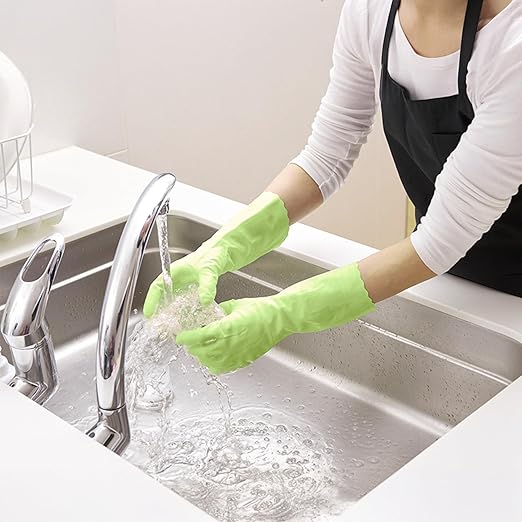 SHOWA 111 Skin-Friendly Cleaning Gloves, Dishwashing Kitchen Gloves with Cotton Flocked Liner, Reusable, Non-Slip, Made in Japan, Large (2 Pair)
