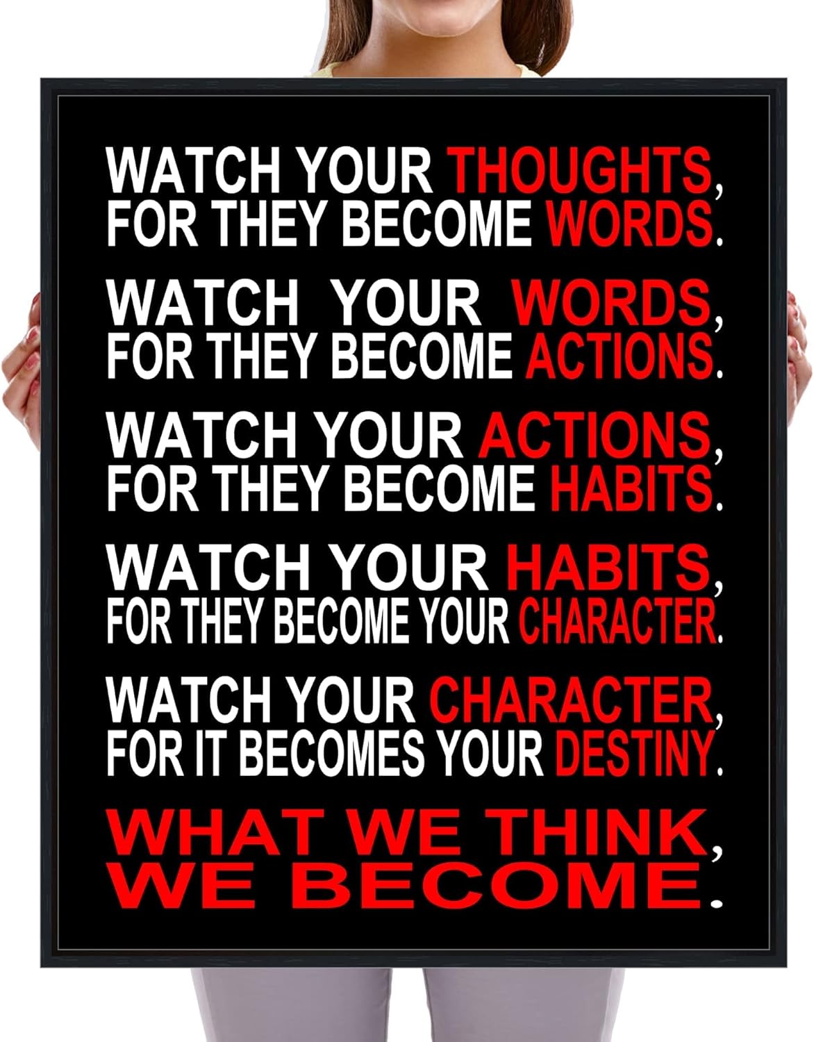 Pyradecor Black Framed Canvas Wall Art Watch Your Thoughts Motivational Classroom Poster Canvas Prints for Office Living Room Home Decorations