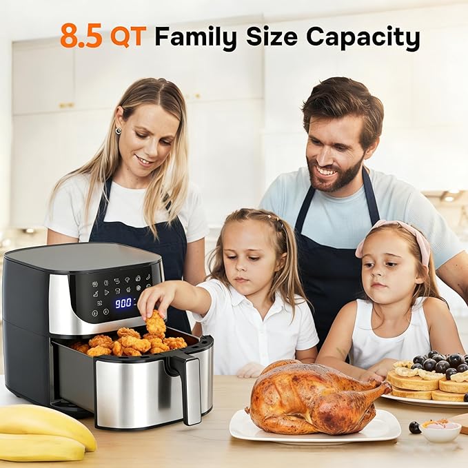 Simple Deluxe 12-in-1 Air Fryer 8.5 Qt, Digital Preset Airfryer, with Nonstick and Dishwasher-Safe Basket, Air Fry, Roast, Bake, Dehydrate, Fries, 1800W, Silver