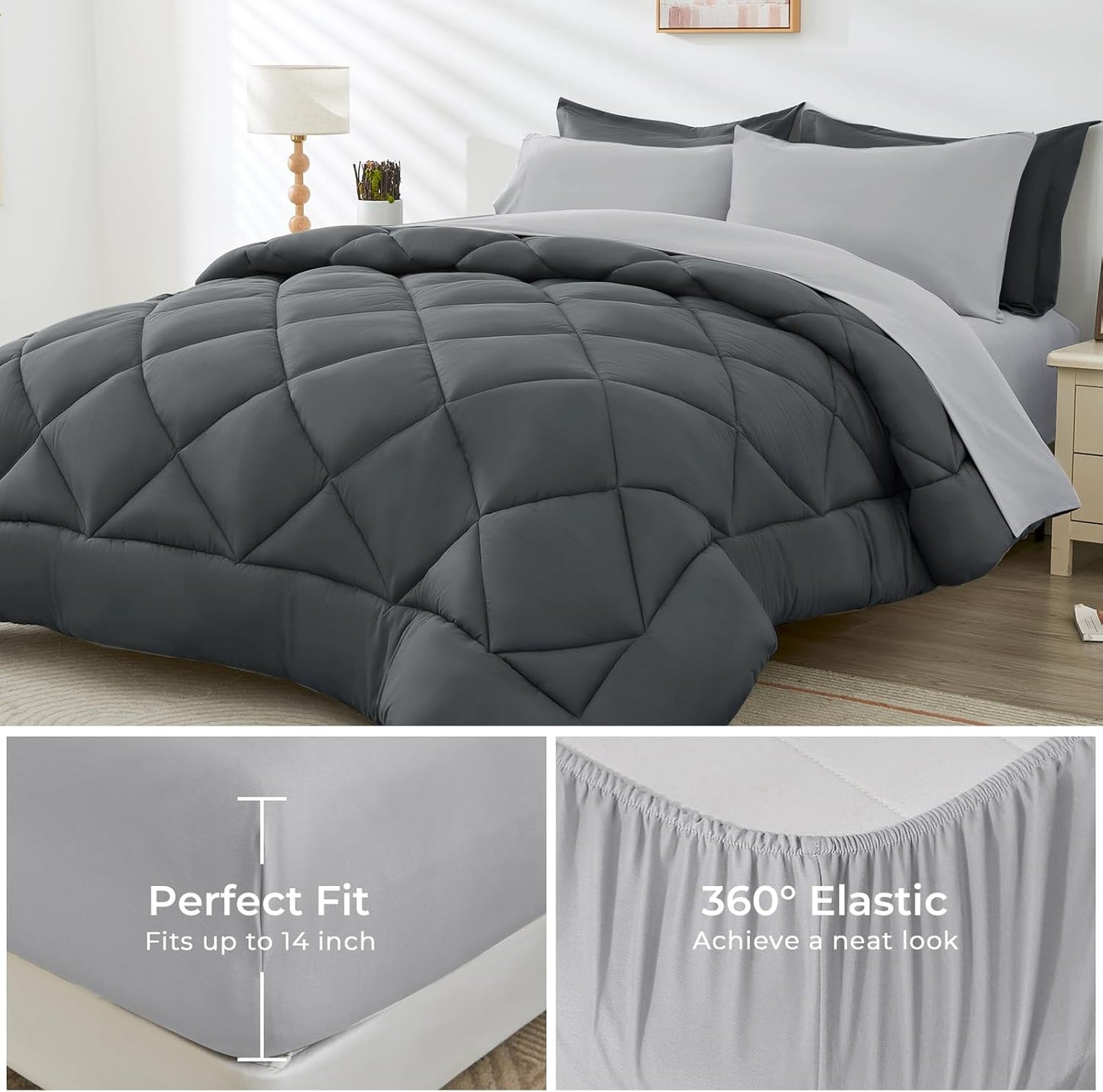 HEVUMYI Twin Comforter Set - 5-Piece All Season Bed in a Bag Twin, Ultra Soft Bedding Set with Comforter, Flat Sheet, Fitted Sheet, Pillowcases, Pillow Shams, Dark Grey & Light Grey