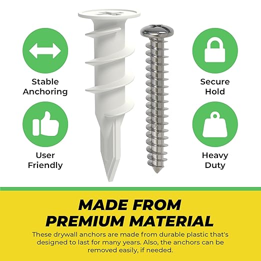 Qualihome Drywall Anchors with Screws – 40 Piece Set (20 Anchors + 20#8 x 1-1/4" Screws) | Self Drilling Drywall Anchors Heavy Duty | Wall Anchors for Drywall | Plastic Screw Anchor Kit