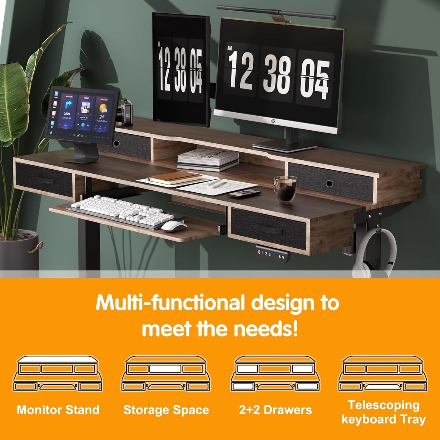 Standing Desk, 63" Adjustable Desk, Multifunctional Electric Standing Desk with 4 Drawers, Ergonomic Height Adjustable Desk with Keyboard Tray, Rustic Brown