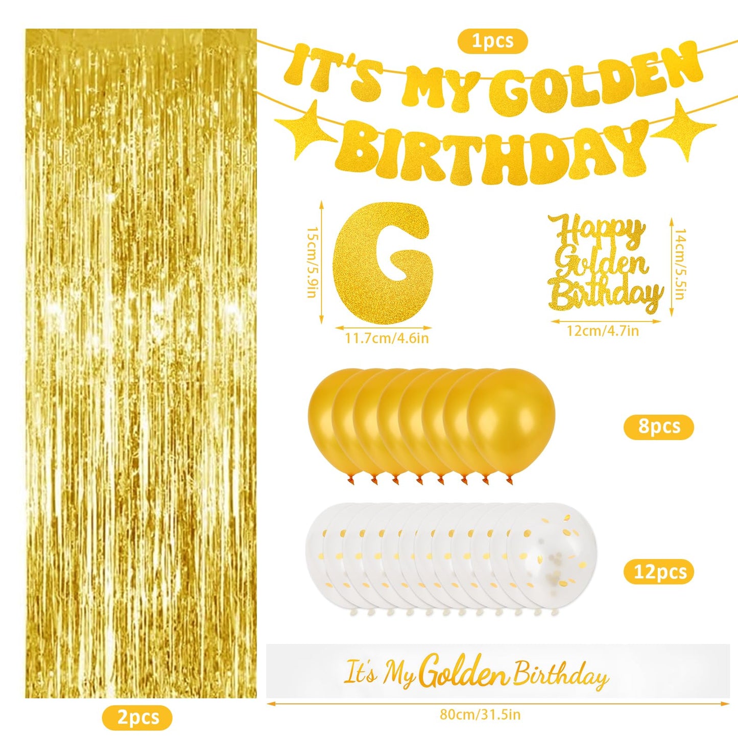 Golden Birthday Party Decorations PremiumIt’s My Golden Birthday Sash & Banner, Gold Cake Topper, Fringe Curtains, Balloons for Adult Women Men Party Supplies