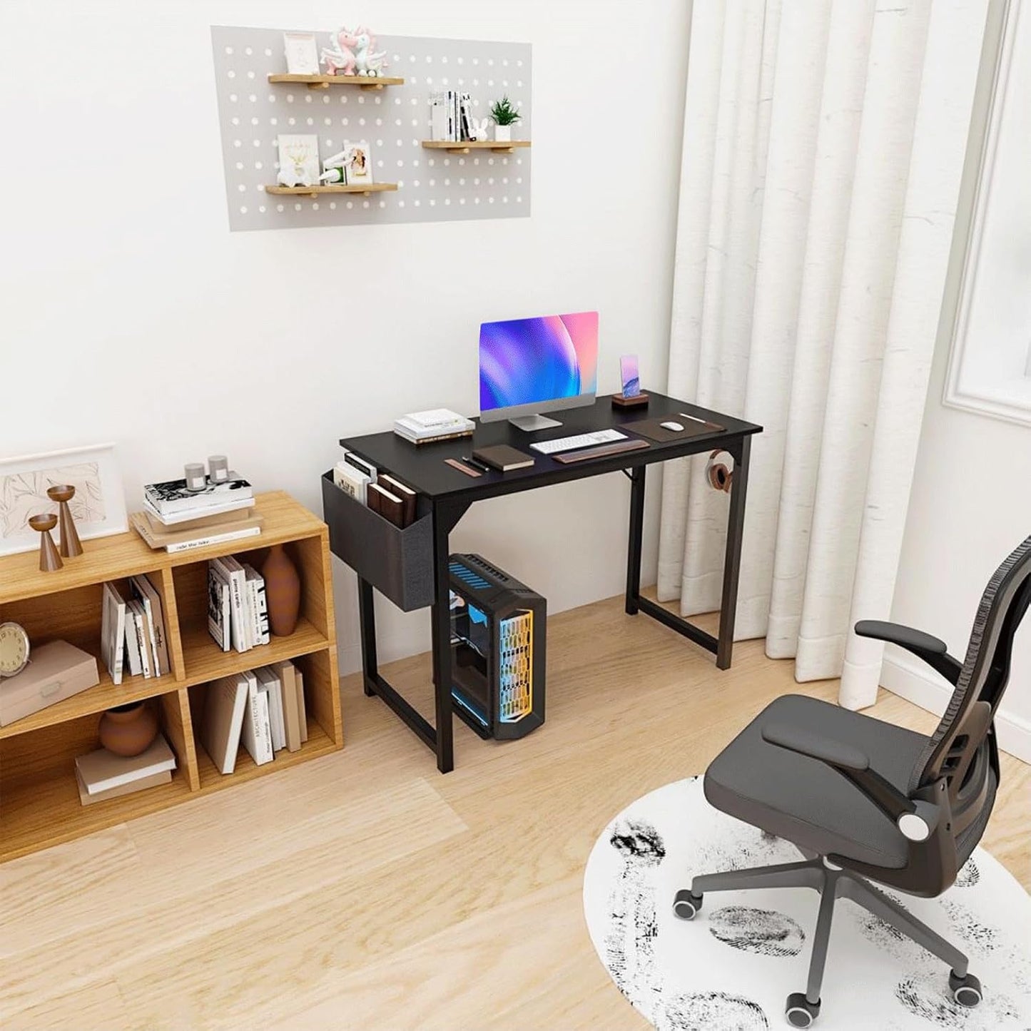 40 Inch Desk Office with Storage, Modern Simple Style Gaming Computer Table for Youth Student Adult, Metal and Wood Home Office Furniture, Black