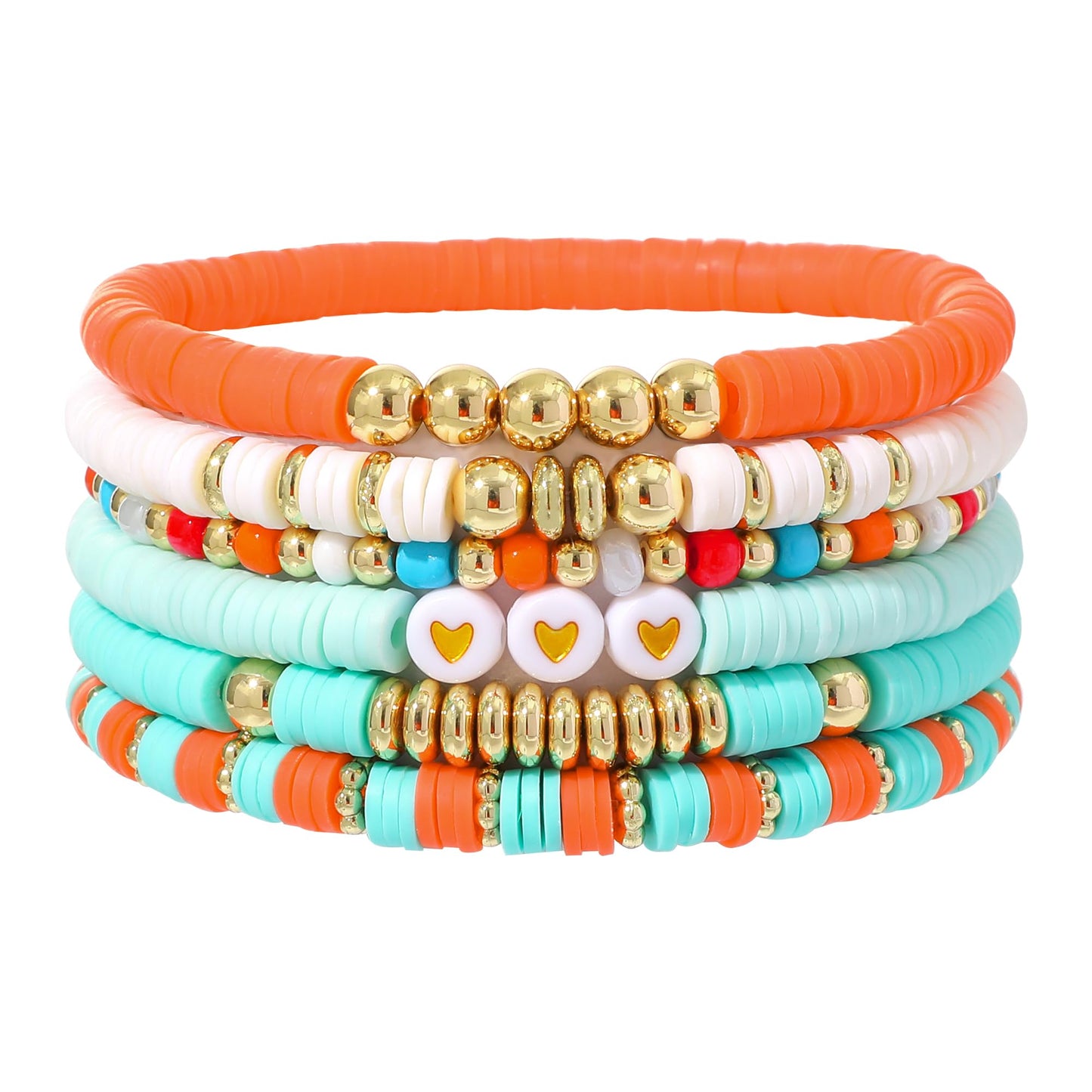 RISHEGAE Heishi Beaded Stretch Bracelets for Women Stackable Polymer Clay Beads Bracelets Friendship Boho Summer Beach Bracelet Jewelry Set (D-A orange 6pcs)