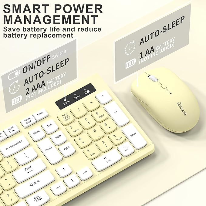 Wireless Keyboard and Mouse Combo, Full-Sized Wireless Keyboard and Adjustable DPI Mouse, 2.4GHz USB Receiver, Keyboard and Mouse for PC, Windows, Desktop, Laptop (Canary Yellow)