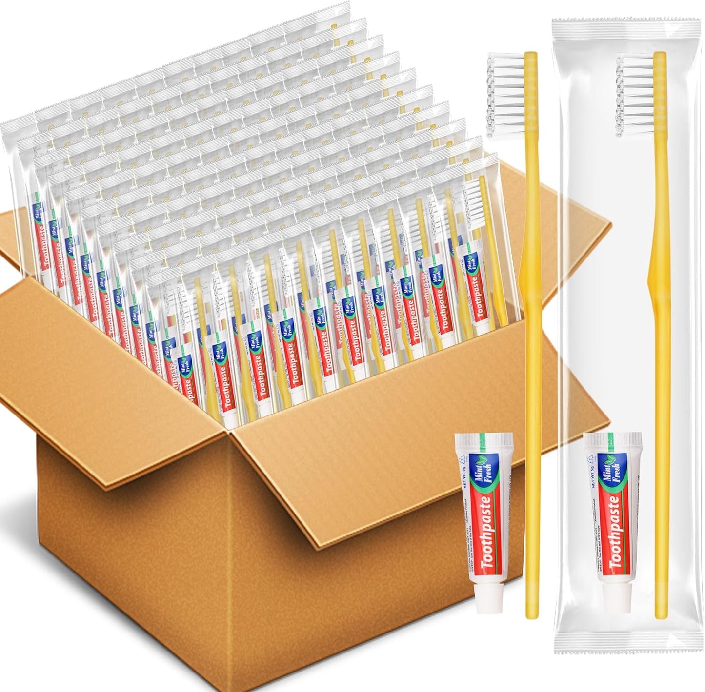 HOFASON Disposable Toothbrushes with Toothpaste Pack of 30, Yellow Hollow Travel Toothbrush Set with 5g Toothpaste Individually Wrapped Toothpaste Bulk for Homeless, Nursing Home, Shelter, Hotel