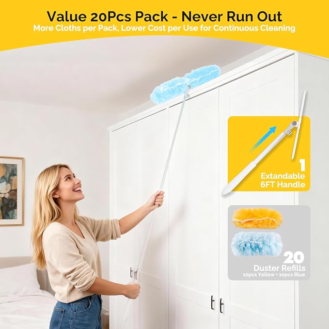6 FT Extendable Duster Handle with 20 Pcs Refills, Heavy Duty Starter Kit Compatible with Swiffer, Disposable Microfiber Dusting Pads for Ceiling, Fan, Window & Hard to Reach Areas Cleaning