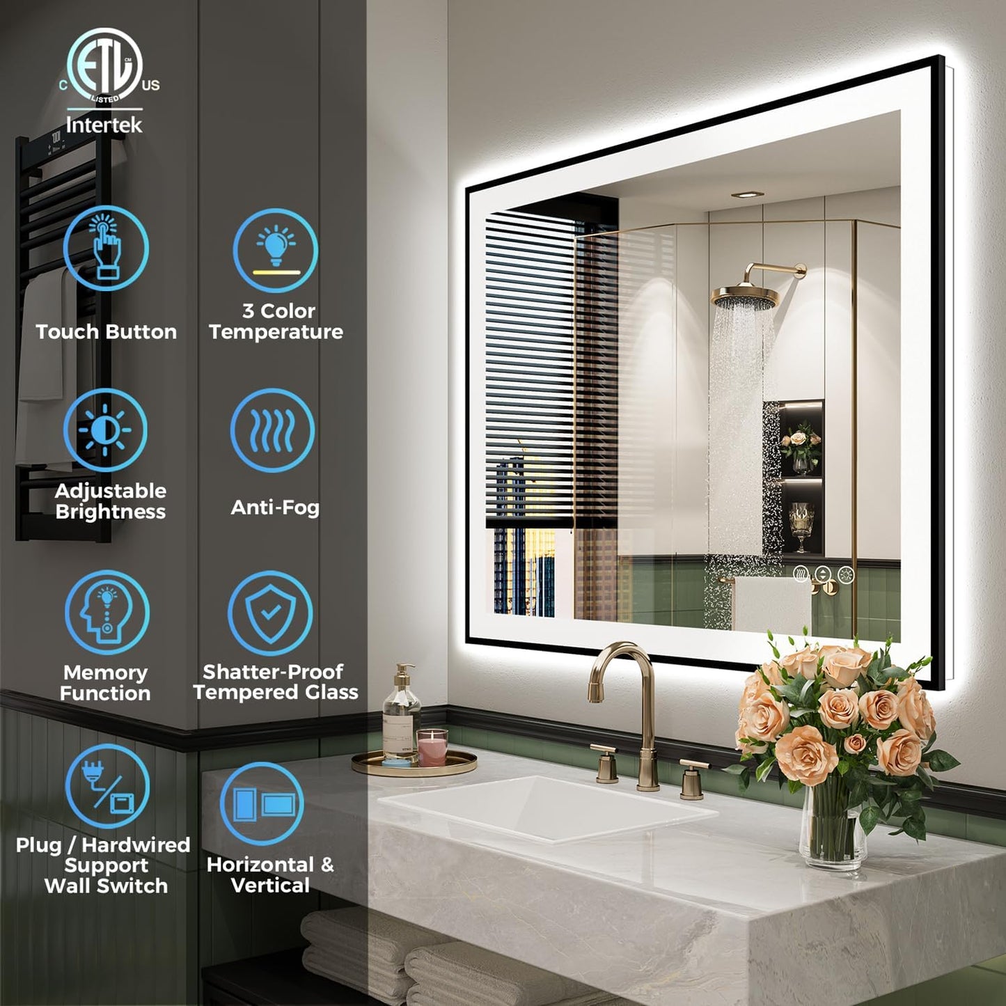 36x30 Inch LED Bathroom Mirror with Lights (Front Lit and Backlit) Black Framed Lighted Vanity Mirror for Bathroom Wall Dimmable Anti-Fog Memory Tempered Glass Horizontal/Vertical