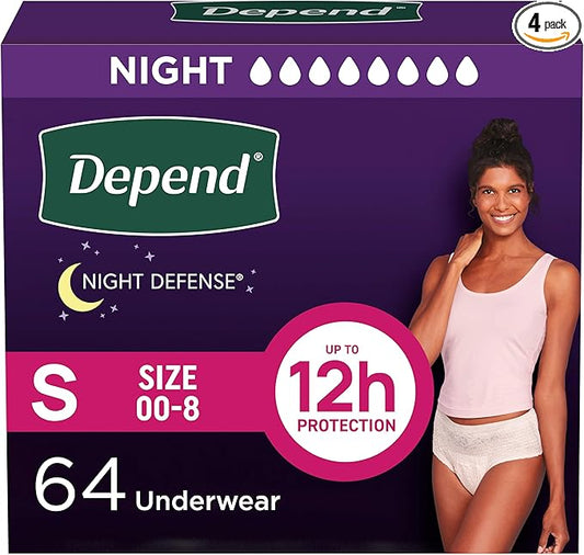 Depend Night Defense Adult Diapers, Incontinence & Postpartum Bladder Leak Underwear for Women, Disposable, Overnight, Small, Blush, 64 Count (4 Packs of 16), Packaging May Vary