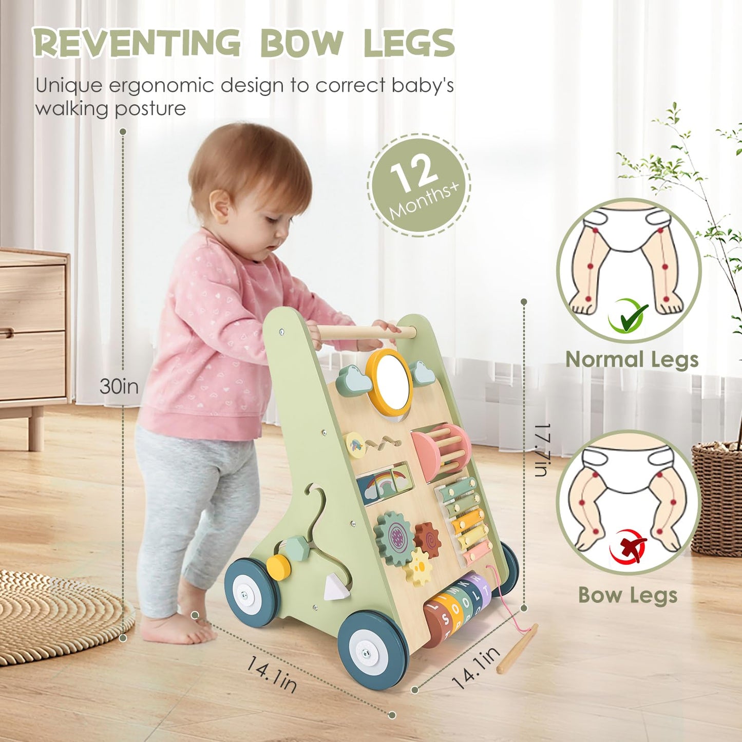 Baby Push Walker, Wooden Baby Walker with Wheels, Montessori Walker for Babies 6-12 Months, Adjustable Speed Push Walking Toys for Boys & Girls 1 Year Old, Christmas Birthday Gifts for Toddler