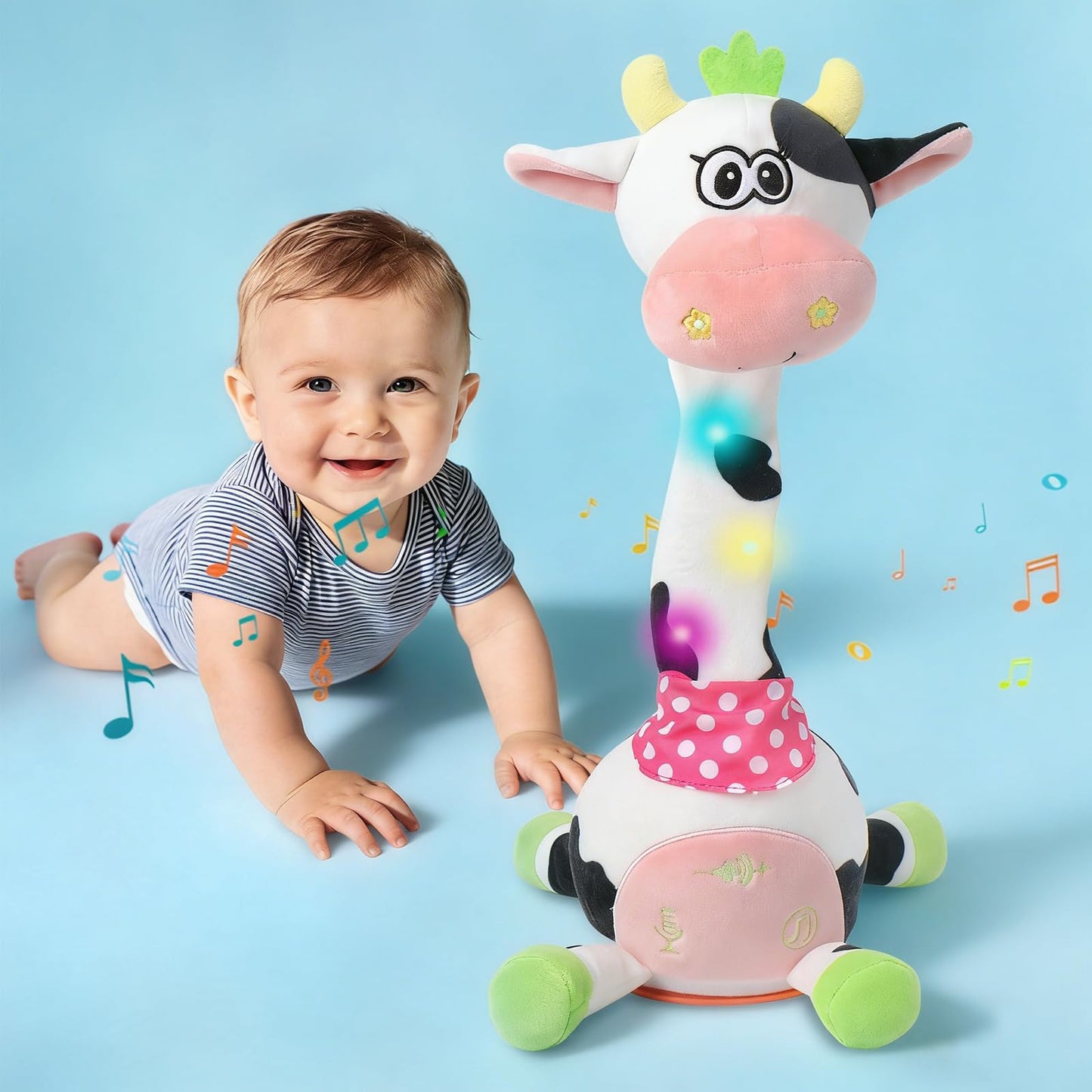 LLUKEME Cute Dancing Cow Interactive Plush Toy with Wiggling Neck | LED Lights | Voice Record & Repeat | 10 Children’s Songs | Funny Toy for Boys Girls Age 1-3