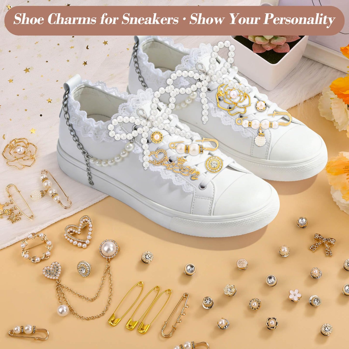 Tetutor 389 pcs Shoe Charms for Sneakers, Junk Socks Charms Kit, Pearl and Rhinestone Shoelace Charm with Brooches and Pins for Women, DIY Accessories for Decorating and Personalizing Socks