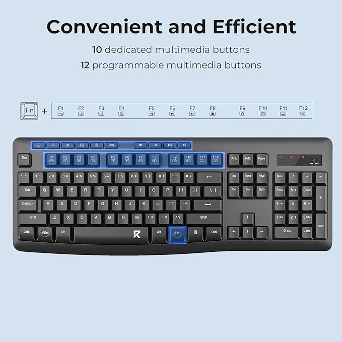 Redragon Wireless Keyboard and Mouse Combo, 2.4G Full-Sized Ergonomic Computer Keyboard and 5 Level DPI Adjustable Wireless Mouse for Windows, Mac OS Desktop/Laptop/PC, BS-7367-B