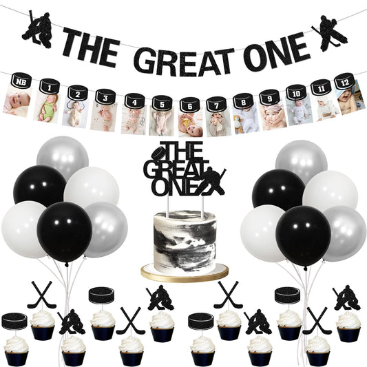 Hockey 1st Birthday Decorations Boys - 1st Birthday Baby Photo Banner for Newborn to 12 Months, The Great One Banner Cake Topper with Cupcake Toppers, Ice Hockey Theme Gameday Sport Party Supplies