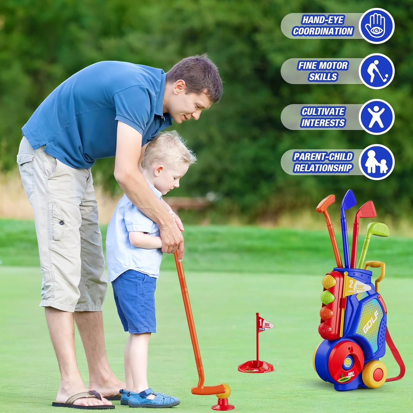 Toddler Golf Set 2-4 Years, Upgraded Kids Plastic Golf Clubs with 12 Balls, Putting Mat, Shoulder Strap, Indoor Outdoor Game Sport Toys Gift for Baby Boys Girls Age 3-5, Blue