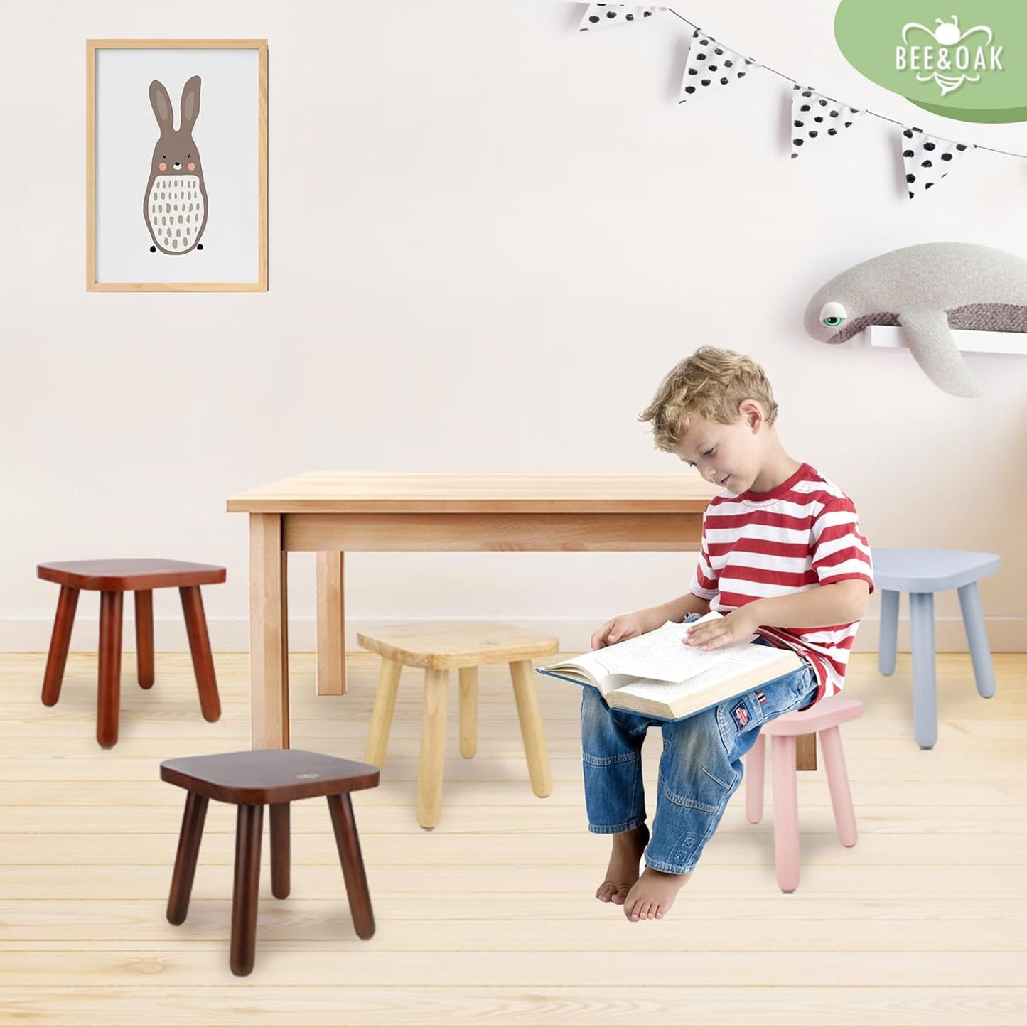 BEE&OAK Wooden Step Stools for Adults, Solid Rubber Wood Non-Slip Step Foot Stool, Heavy Duty 300 lbs One Step Stool for Bedroom, Bathroom, Kitchen (Red-Brown, 9.25" (D) x 9.25"(W) x 8.86"(H))