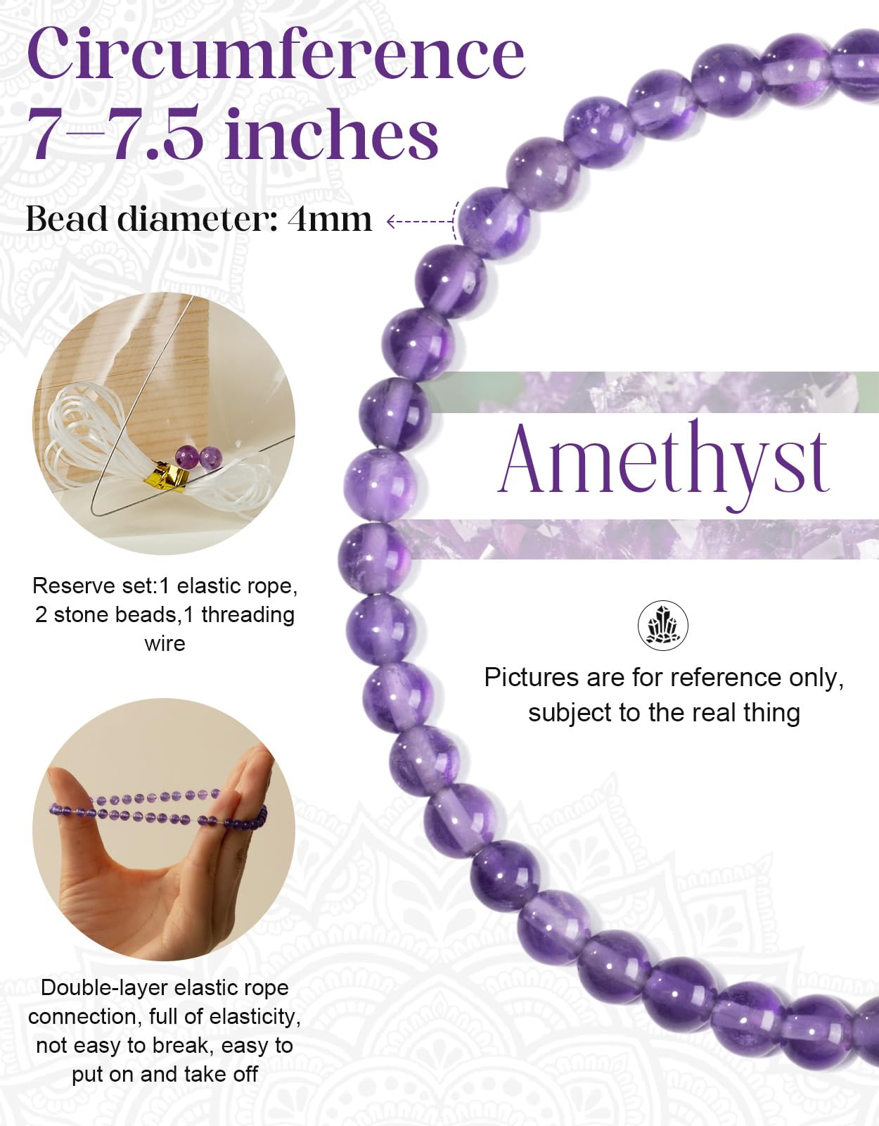 Landorilo Beaded Bracelet for Men Women, 4mm Natural Stone Amethyst Healing Crystal Stretch Bracelets, Ideal Christmas Birthday Jewelry Gifts with Energy Card，Replacement Beads Included