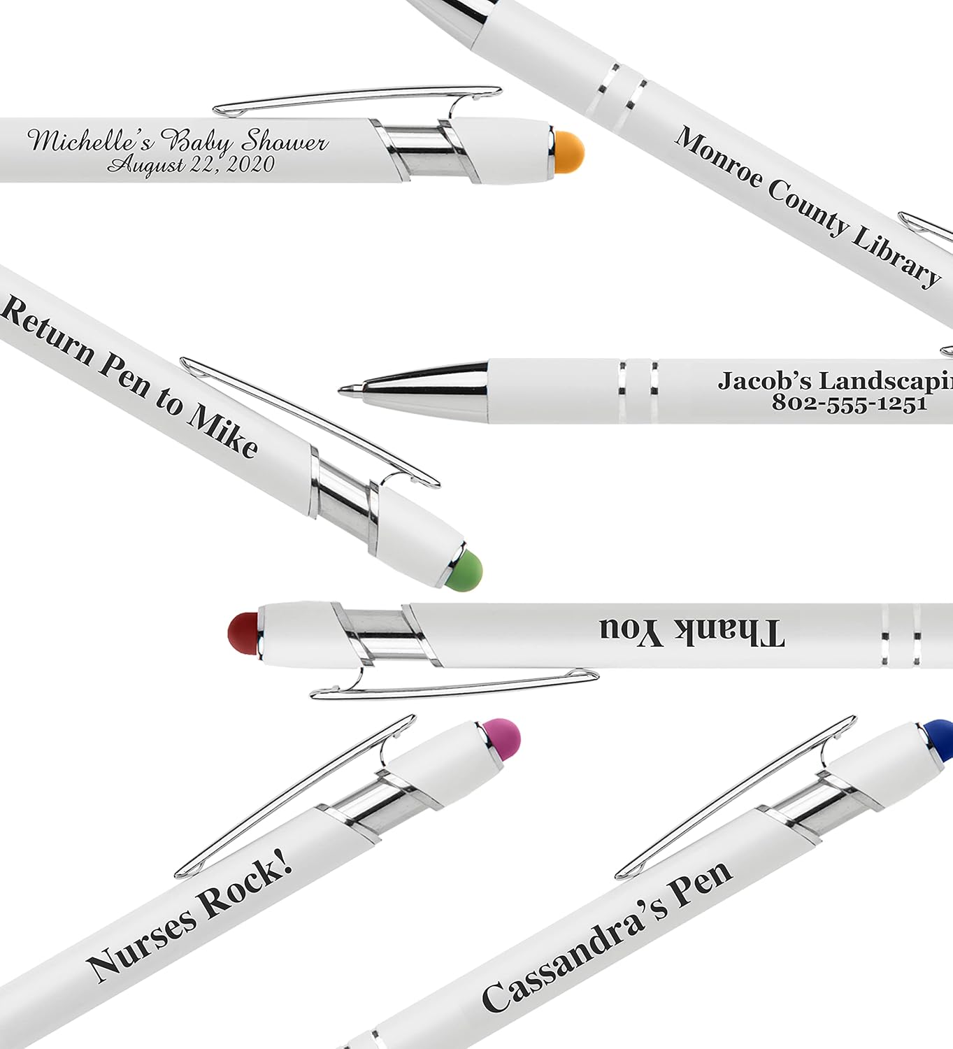 ExpressDesigns™ - Premium Custom Pens with Stylus | Beautiful White | Personalized Soft-Touch Metal Printed Name Pens w/Black Ink - 12 pack (Red)
