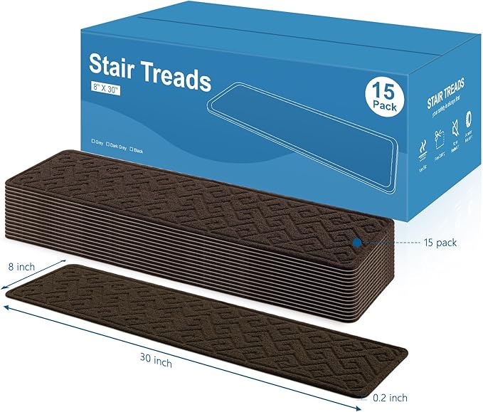Stair Treads for Wooden Steps, 8" X 30" Non Slip Stair Runner Carpet Indoor with Reusable Adhesive Backing, Soft Tread Mat for Stairs, Ideal for Home, Polyester TPR Backing Stair Rugs-Brown 15 Pack