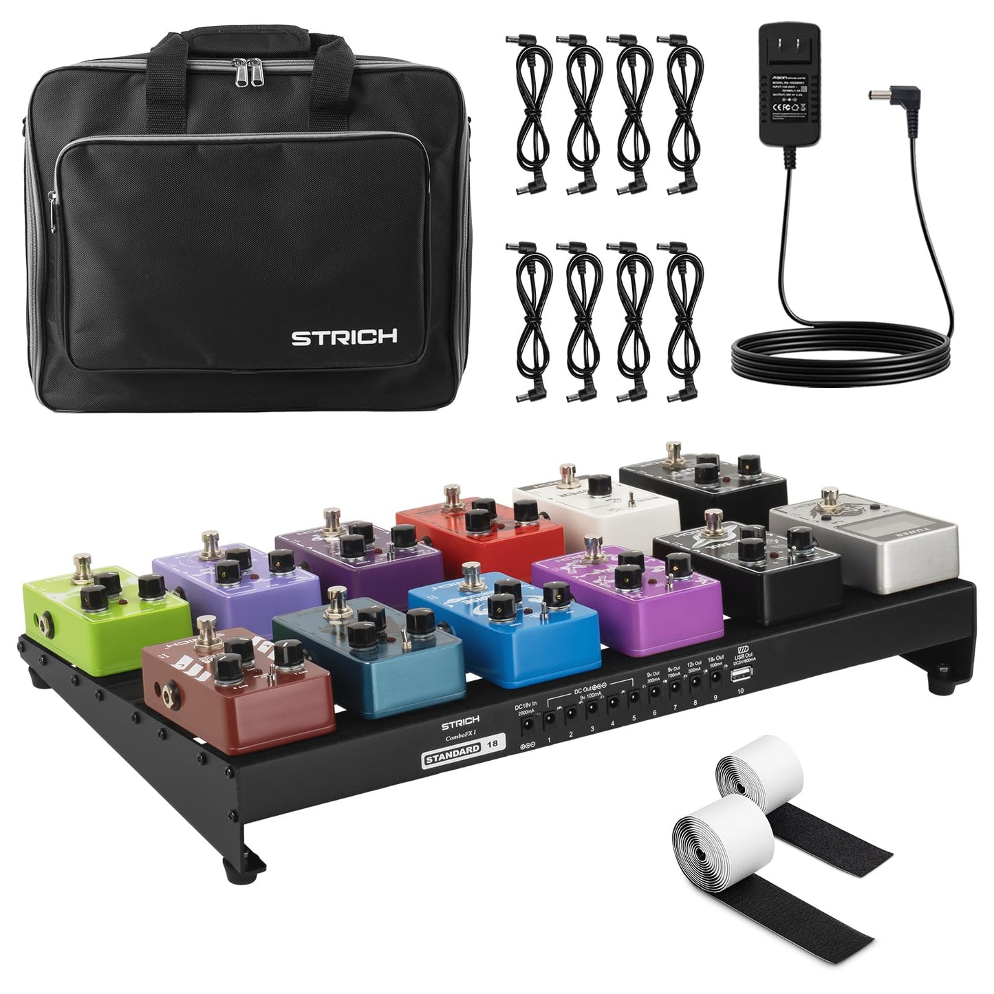STRICH Guitar Pedal Board with Built-in Power Supply, Pedal Board 18 x 11 Lightweight 2.65lb Aluminum Alloy, PedalBoard with Ped