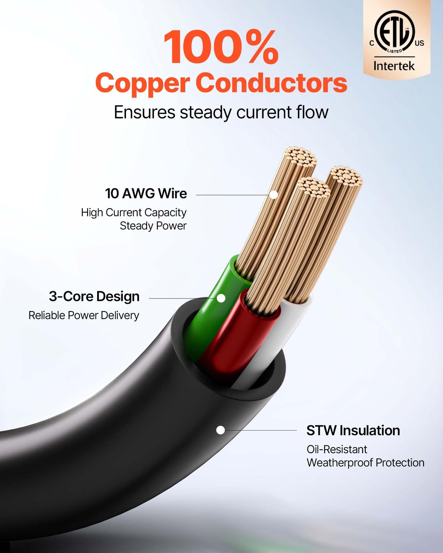 Vevor 100 Ft Rv Extension Cord, 30 Amp, 125V 2500W Heavy Duty Stw 10/3 Gauge Wire, Nema Tt-30P Male Nema Tt-30R Female Plug, Wit