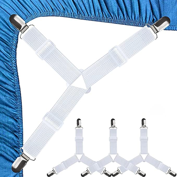 4 Pack Bed Sheet Holder Straps, Fitted Bed Sheet Holders for Corners, Elastic Adjustable Bed Sheet Fastener Triangle Bed Sheet Corner Holders Clips (White)