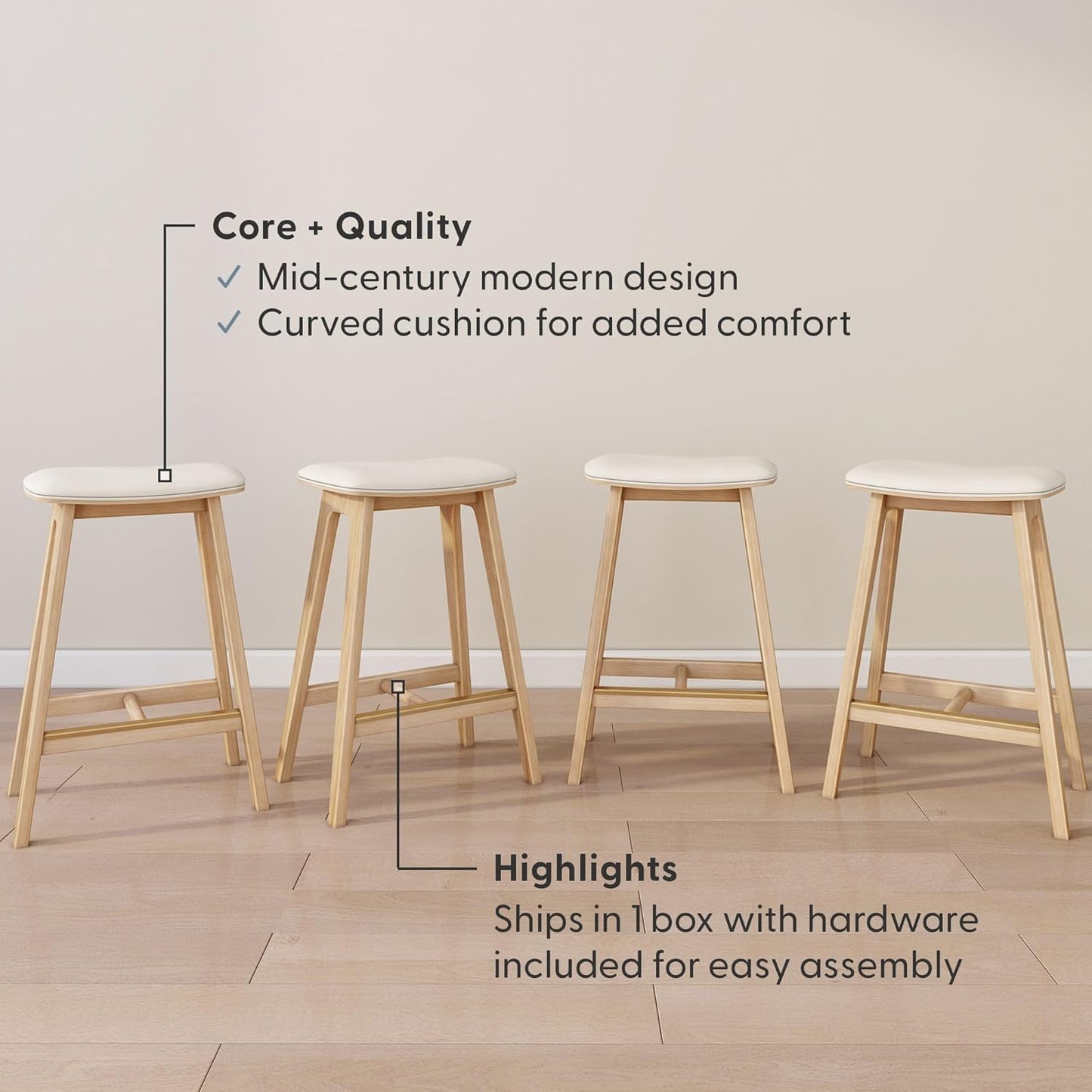 Plank+Beam Beryl Counter Height Stool - Mid-Century Modern Rubberwood Bar Stool with Faux Leather Seat, Metal Footrest, Easy Assembly, 4-Pack, Blonde/Sesame