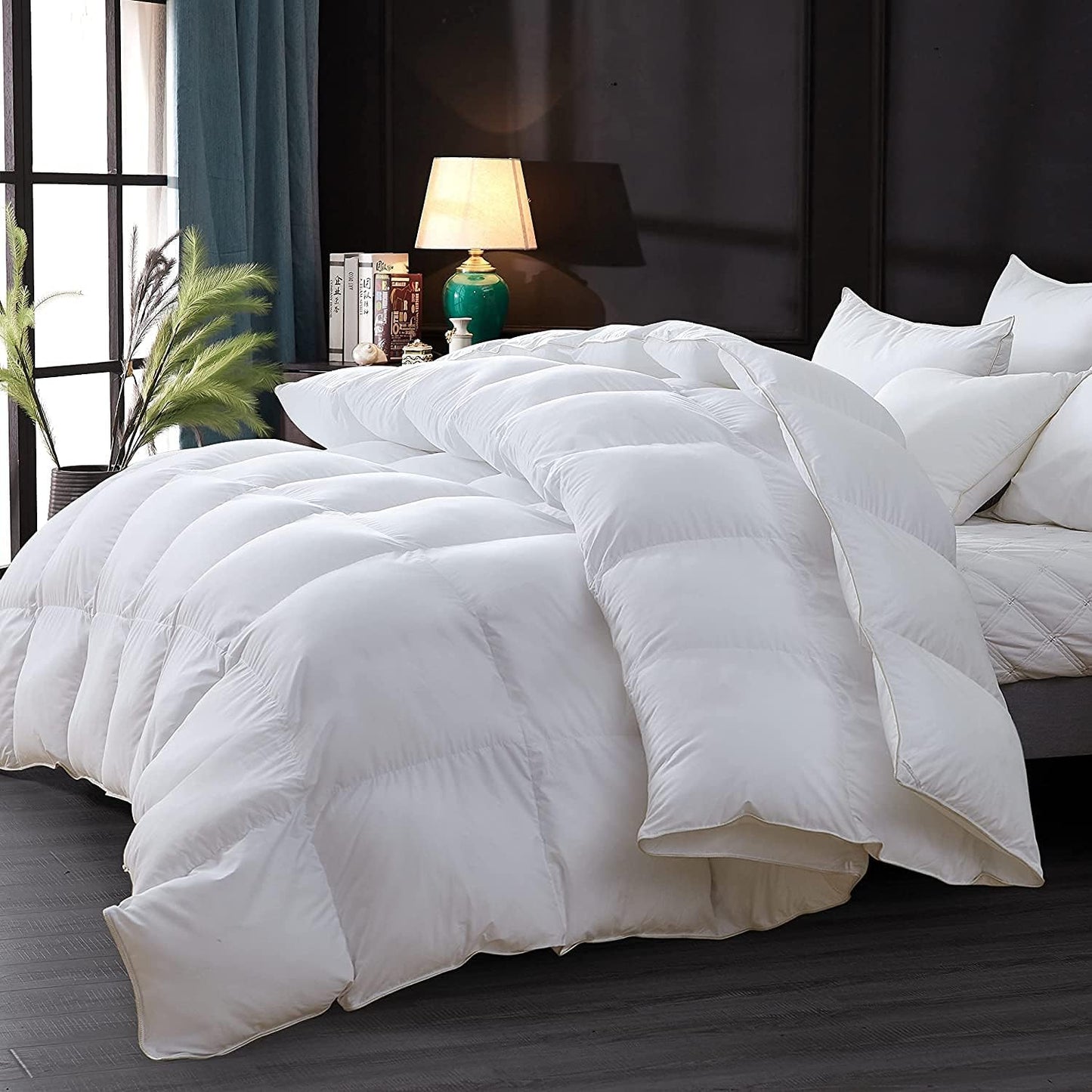 Luxurious Goose Down Feather Fiber Comforter Duvet Insert, Plain Solid Design,White 108 x 98 , Premium Baffle Box 100% Egyptian Cotton, 75 oz Fill Weight,Oversize Cal King