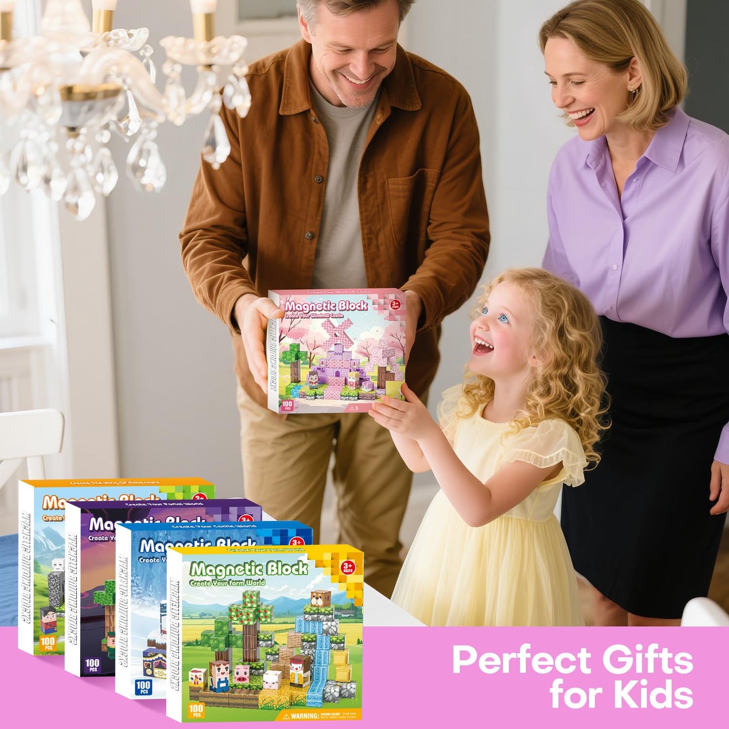 Kryzomat 100PCS Magnetic Blocks, Magnetic Building Blocks for Kids Age 4-8, Pink Princess Castle Toys for Girls, STEM Sensory Birthday Gift for Kids Age 3+ Years Old