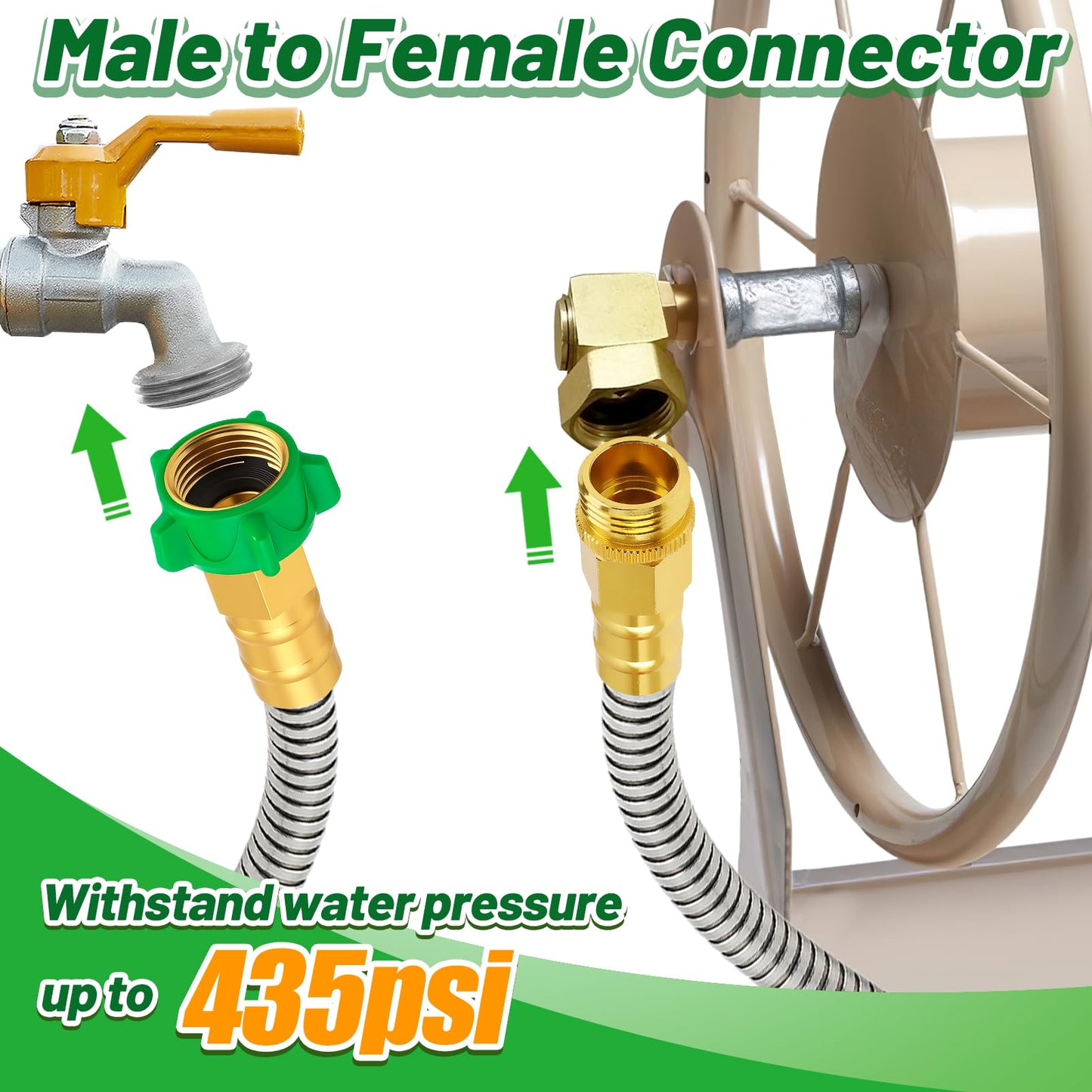 Garden Hose with Male to Female Connector - 50 ft Metal Leakproof Water Pipe, Kink-free 304 Stainless Steel Hose for Outdoor Garden Watering Car Pet Cleaning