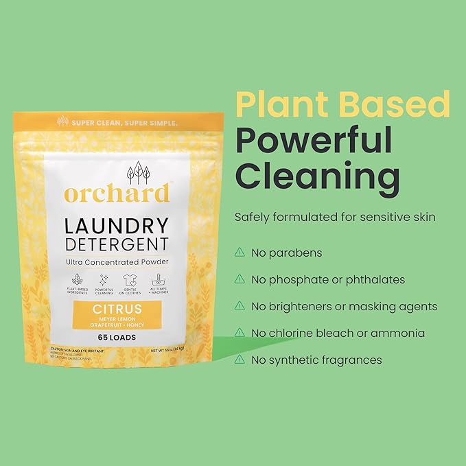 Orchard Laundry Detergent Powder Natural Deep Cleaning Laundry Powder for Sensitive Skin - Citrus - Plant Based Effective Ingredients - 56 Ounces - Enzyme-Powered, Eco Friendly Detergent