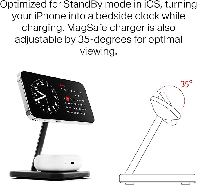 Twelve South HiRise 2 Deluxe 2-in-1 Wireless Charging Station for Apple Devices - Qi2 MagSafe Charger, Fast Wireless Charger Stand for iPhone 15 14 13 12 Pro & Max Series, AirPods Pro/3/2, Black