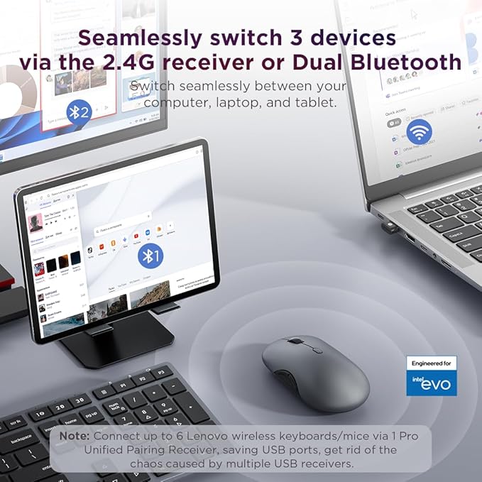 Lenovo 700 Modern Wireless Keyboard & Mouse Combo, 2.4 GHz Dongle & Dual Bluetooth Connection, AES-128 Encryption, 36 Month Battery Life, Quiet Mouse, Luna Grey