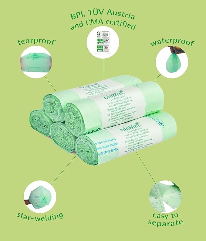 bioMat 64 Gallon Compostable Compost Liners, 30 Count, Extra-Large Compost Bags for Bins, BPI & CMA and ASTM D6400 Certified, Eco-Friendly Liners for Food Waste