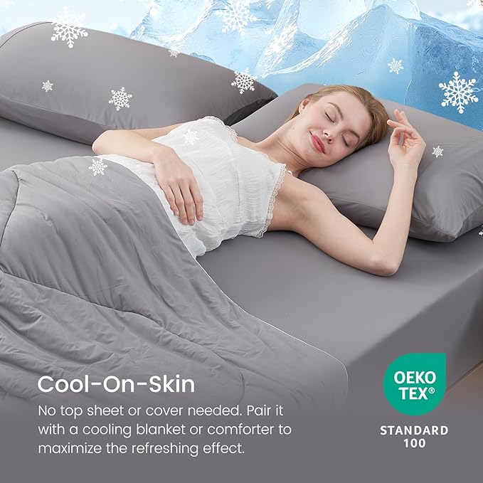 Cozy Bliss Premium Cooling Sheet Set King Size, Q-Max>0.4, 3PCS No Flat Sheet with 2 Pillowcases, Breathable Fitted Sheet for Hot Sleepers & Night Sweats, Deep Pocket Up to 18 Inches, Dark Grey
