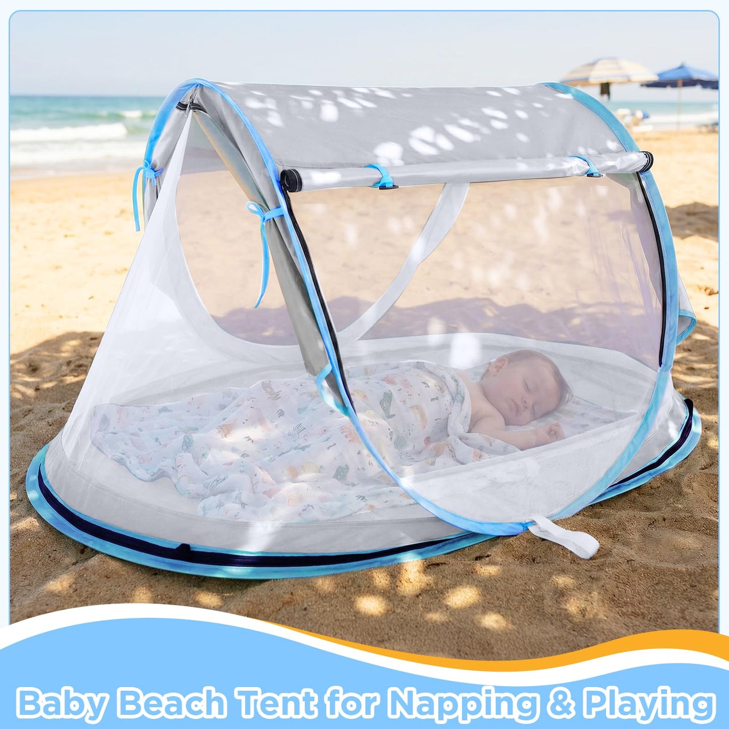 Baby Beach Tent, Pop Up Beach Tent Sun Shade for Beach, UPF 50+ UV Protection Sun Shelters for Infants with Carry Bag for Outdoor Travel, Camping(Gray)