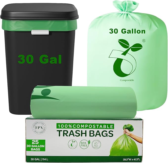 Compostable Trash Bags – 30 gallon 25 Pack, Waste Bags, Nature-Friendly, Tear-Resistant, Odor-Free, Durable & Convenient