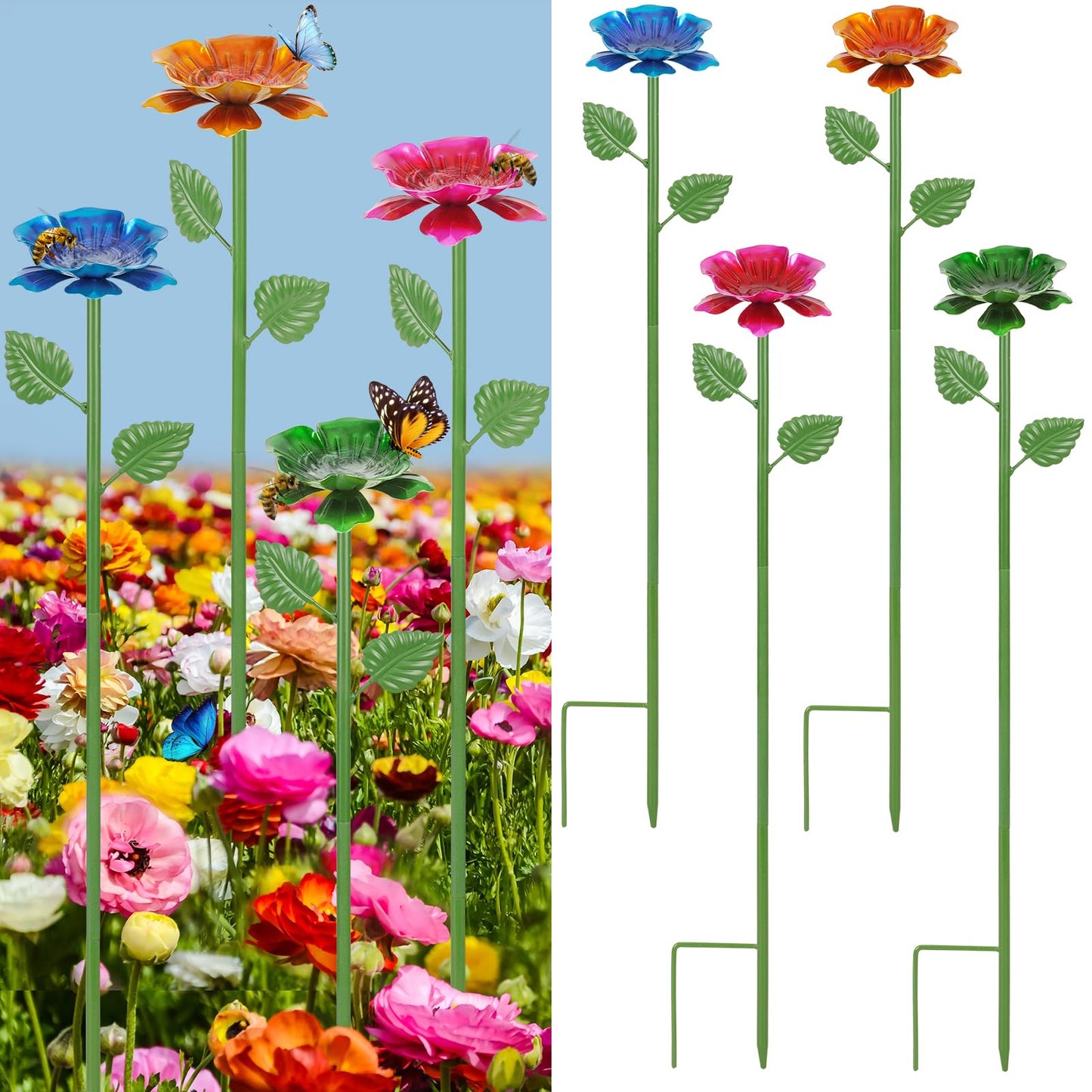 Retyion 4 Pack Bee Watering Station - Flowers Butterfly Feeder, Bee Water Feeders for Outside, Metal Garden Decor, Bee Baths for Garden Yard Patio (Blue,Yellow,Red,Green)