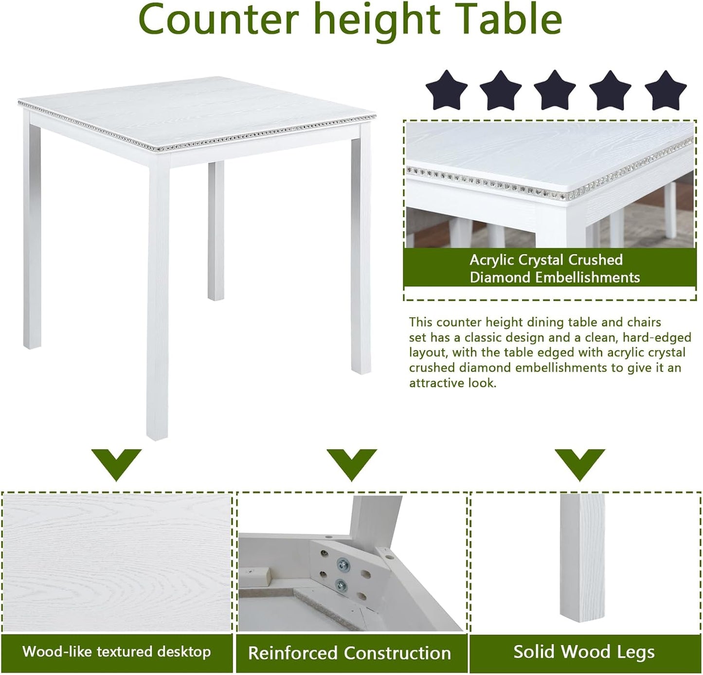 KEIKI 5-Piece Counter Height Dining Table Set with Square Table and 4 Upholstered Chair, for 4 Person, Modern Style Crystal Decoration Wooden Table Set, Easy Assembly, for Kitchen, Dining Room,White