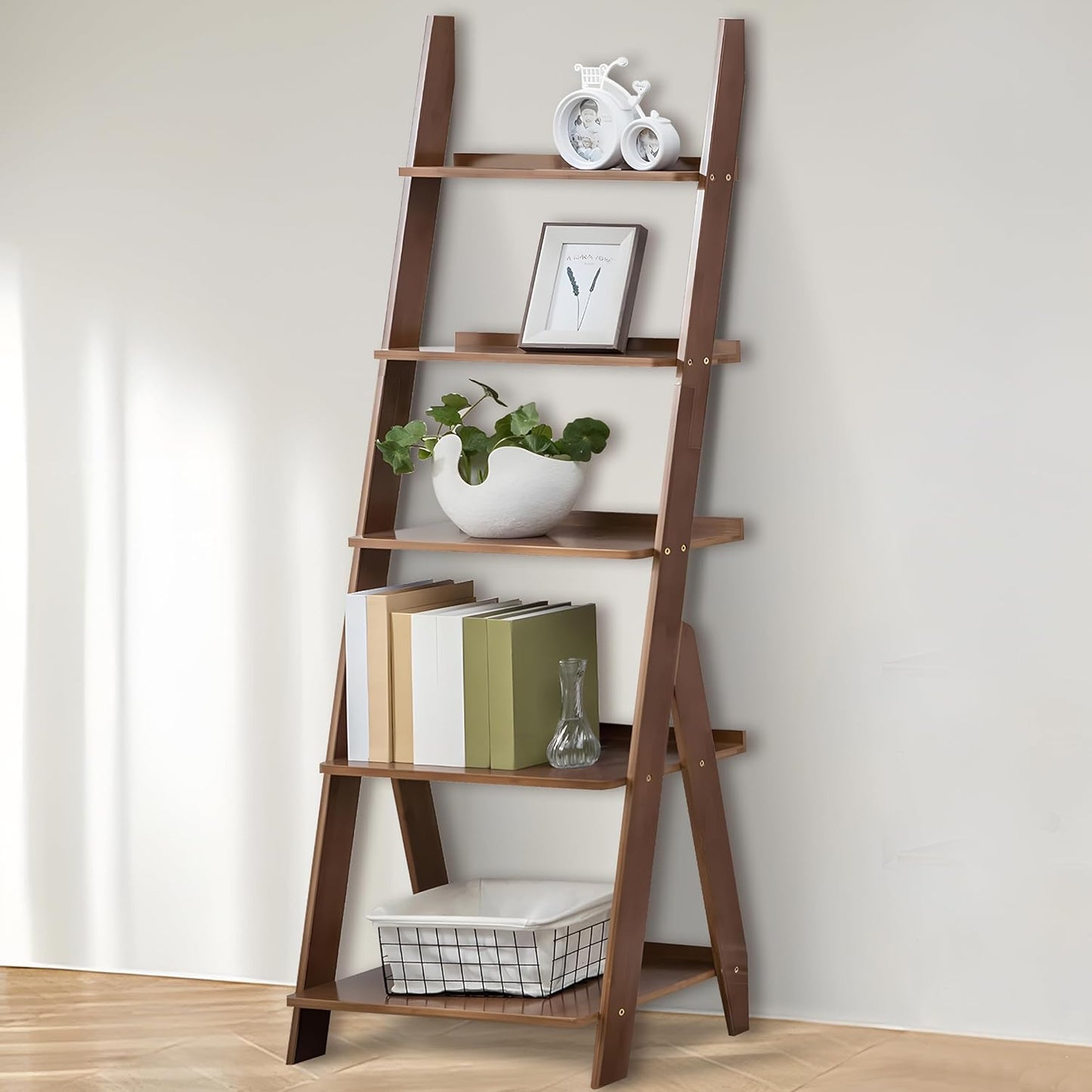DOUSY-5-Tier Ladder Shelf Bookcase, Bamboo Ladder Bookshelf Leaning Book Shelf, Freestanding Storage Shelf Boho for Living Room, Home Office, Bedroom, Balcony, Walnut