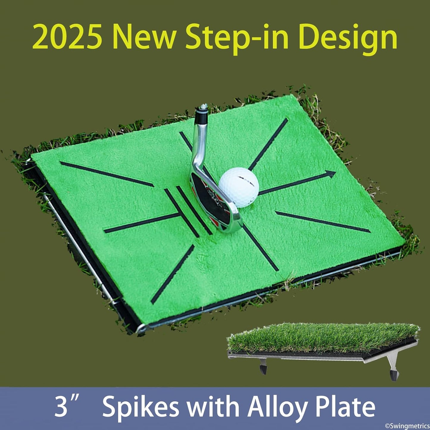 Golf Hitting Mat Swing Path Detection with 14''x9'' Aluminum Base 3'' Ground Spikes – Golf Practice Mat for Outdoor Use Backyard & Home Course, Swing Trainer