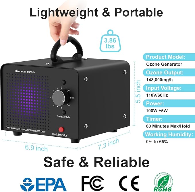 PROGRACE Ozone Generator 148,000mg/h - Commercial Ozone Machine - Negative Ion Air Purifier, High Capacity O3 Ionizer Deodorizer for Home, Car, Pets, Smoke, Industrial Use, Covers up to 6000 Sq Ft