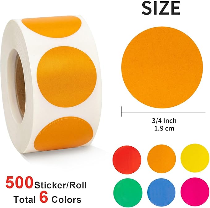 3000 Pcs 3/4" Round Color Coding Labels Stickers Circle Colored Dot Stickers Includes 6 Rolls, 500 Count Each