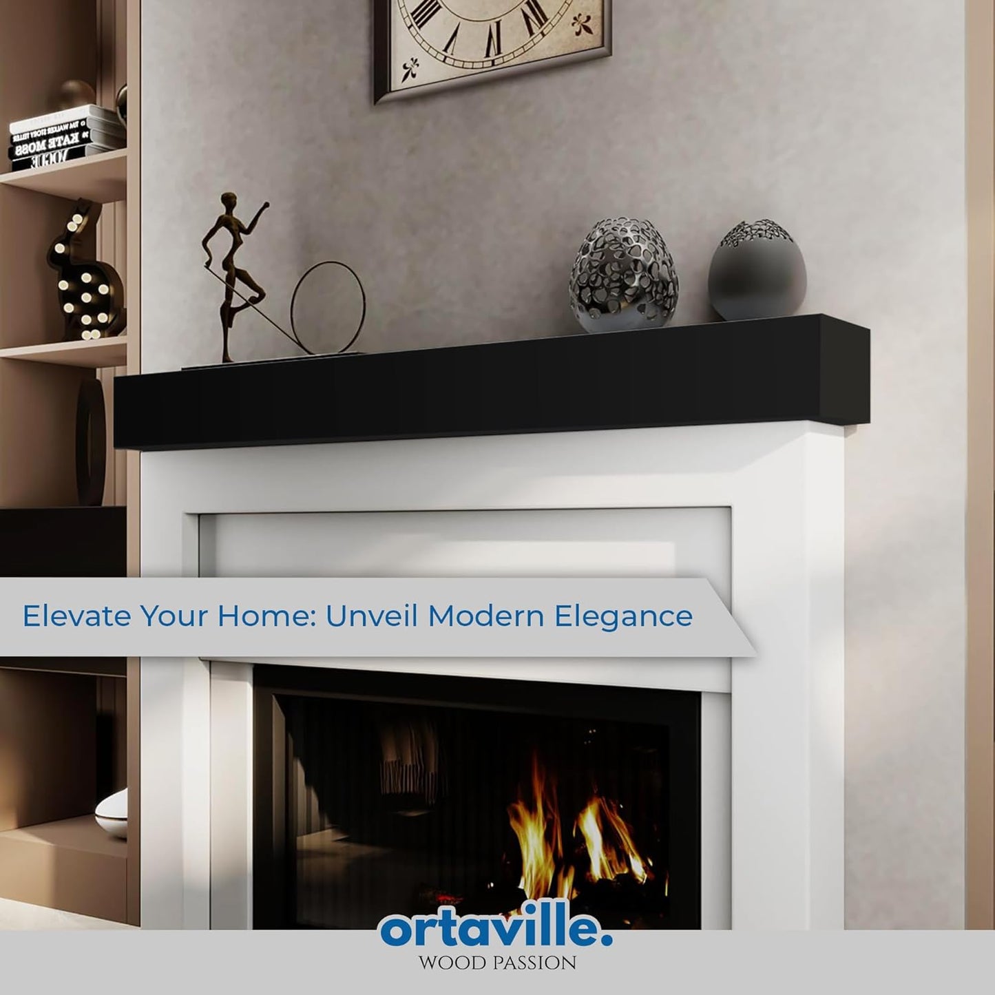 66" Floating Mantel Shelf - Modern White Fireplace Mantel with Matte Lacquer Finish for Living Room Elegance (66", Black)