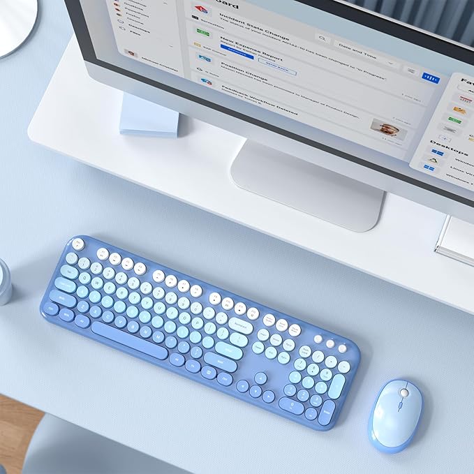 Wireless Keyboard Mouse Combo, Typewriter Full Size Keyboard with Number Pad and 2 in 1 USB Connected Mouse for Windows 7/8/10, Laptop, Desktop, PC, Computer (Blue Colorful)