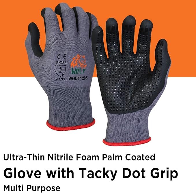 WOLF Ultra-Thin Nitrile Foam Palm Coated Glove with Tacky Dot Grip, Multi Purpose