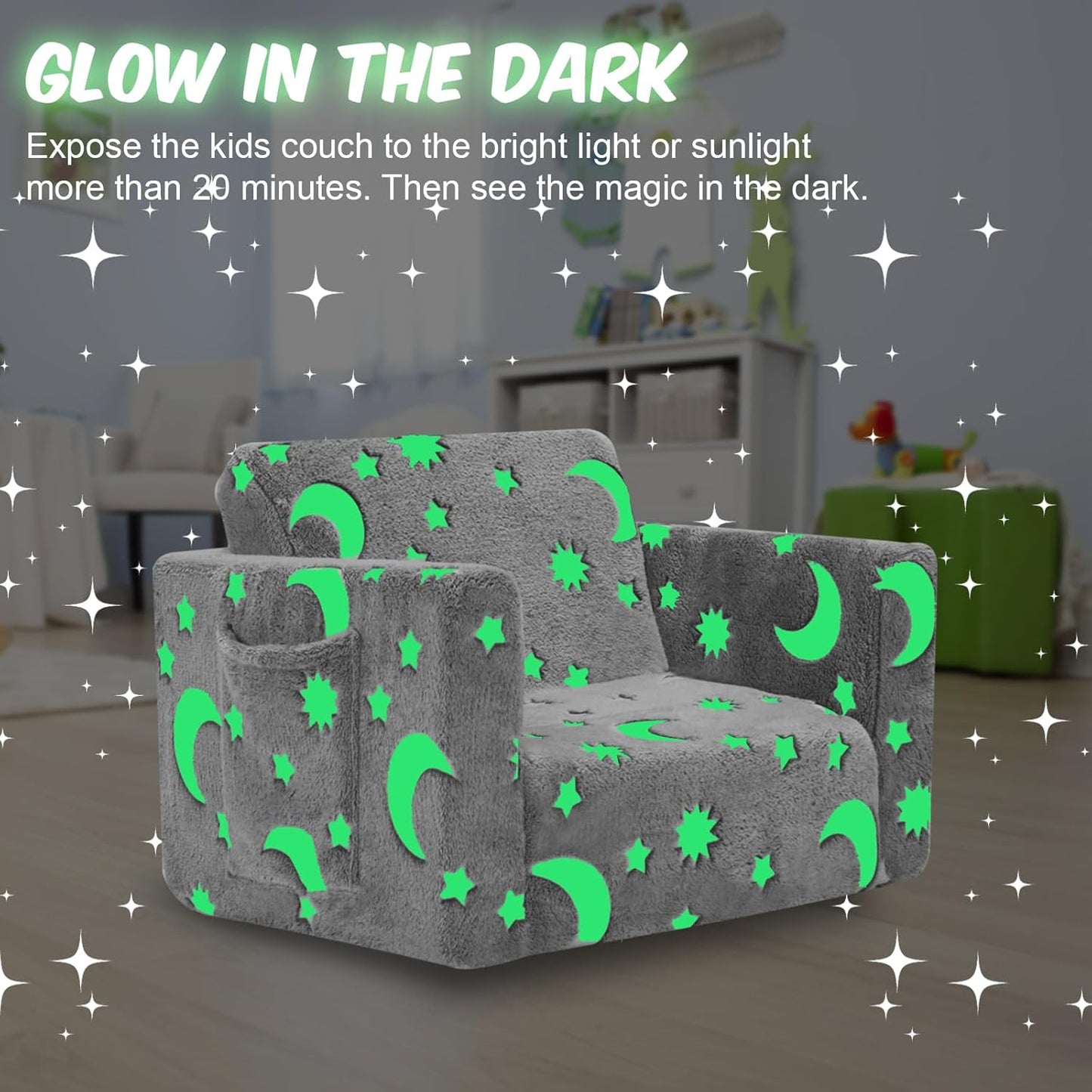 SLIGUY Toddler Couch, Toddler Chair. Kids Couch, Baby Couch, Couch for Kids, Toddler Convertible to Lounger Pull Out Couch, Glow in The Dark Sofa Chair for Boys Medium