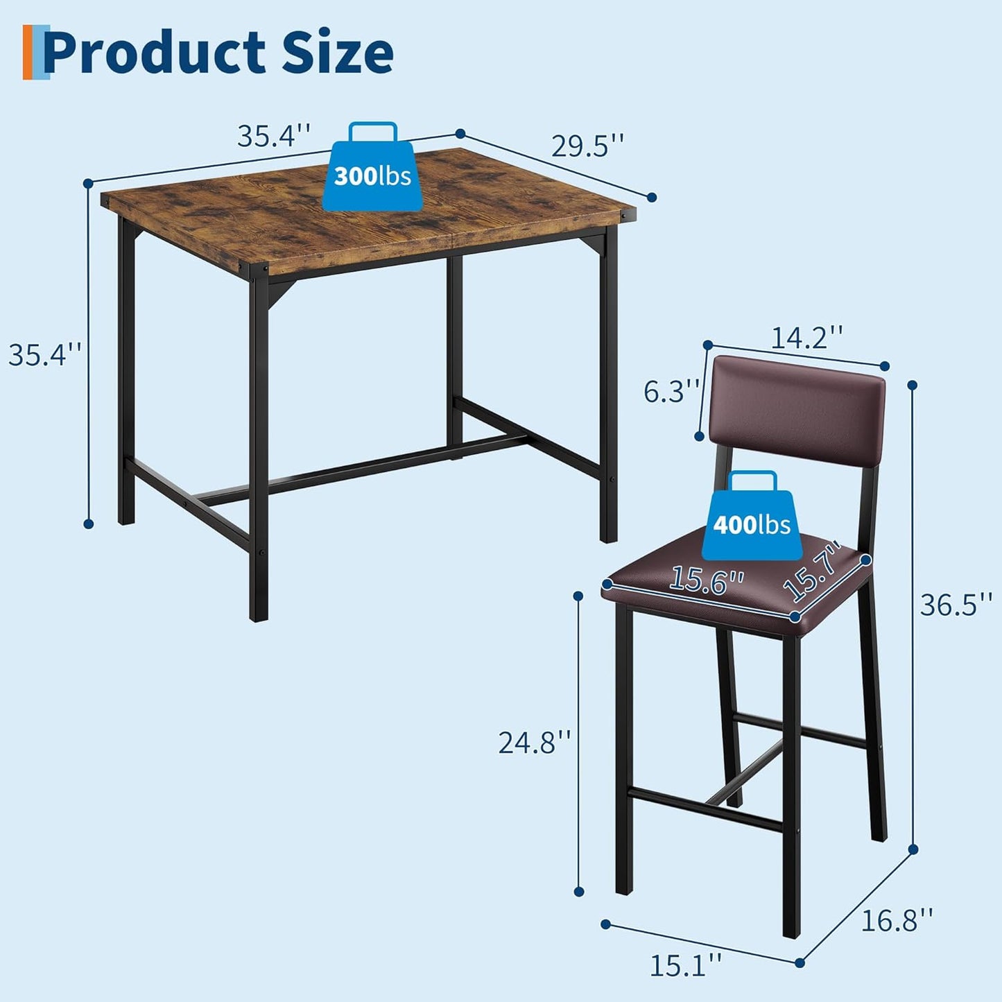 IDEALHOUSE Dining Table Set for 2 w/Counter Height Table & 2 Upholstered Bar Stools, 3-Piece Kitchen Table Set with Footrest & Corner Protector, for Kitchen Room, Apartment, Pub
